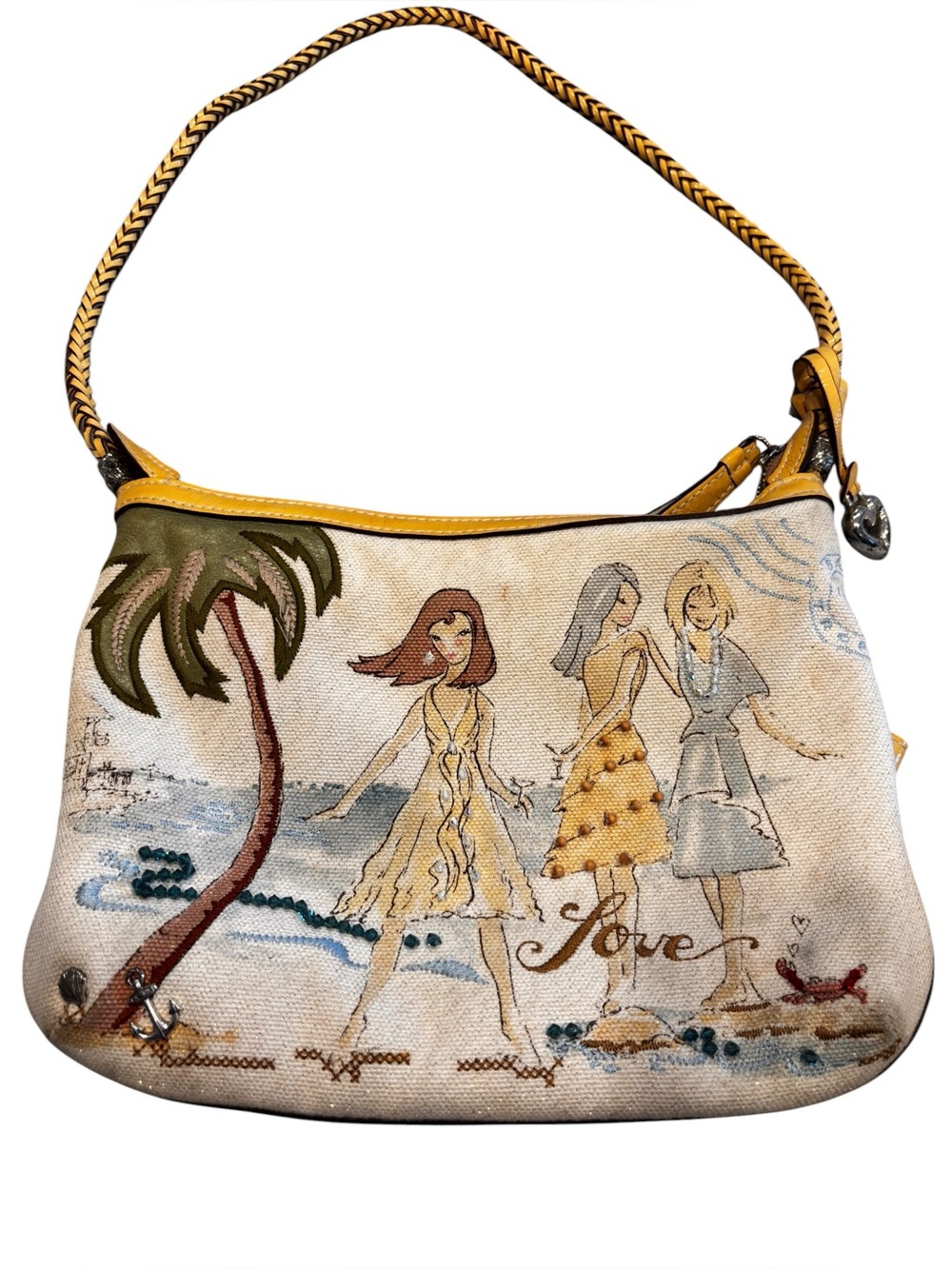Brighton Beach Scene Embroidered Beaded Canvas Shoulder Bag Yellow Trim